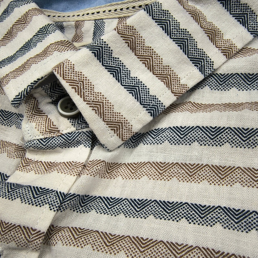 Natural Blue Mens XXL Linen‎ Cotton Striped Short Sleeve Button Shirt Beige Blue